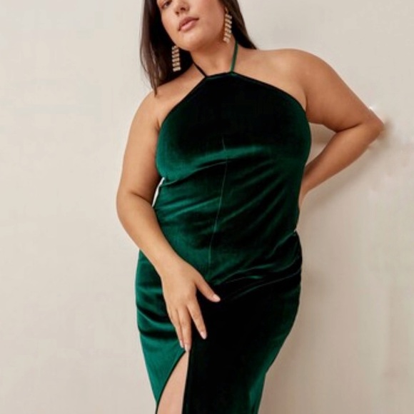 REFORMATION Green Velvet Front Slit Halter Plus Size Formal Prom Dress - Picture 12 of 12